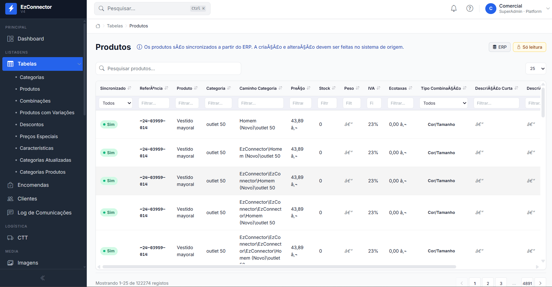 Listagem de produtos no EZconnector V4
